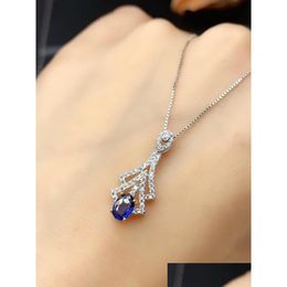 Pendant Necklaces Blue Sapphire Gemstone Necklace For Women Sier Jewellery Genuine Natural Gem Fine Birthday Party Gift Drop Delivery Dh0Te