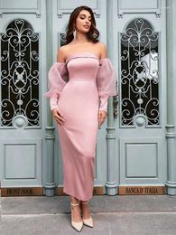 Casual Dresses Sexy Long Sleeve Strapless Mesh Patchwork Dress Women Pink Lantern Sleeves Bodycon Elegant Evening Cocktail Party