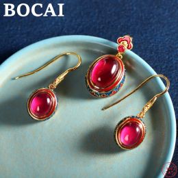 Earrings BOCAI S925 Sterling Silver Earrings 2022 New Fashion Enamel Cloisonne Red Corundum EarDrop Pure Argentum Jewelry for Women