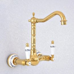 Bathroom Sink Faucets Polished Gold Color Brass Kitchen Basin Faucet Mixer Tap Swivel Spout Wall Mounted Dual Ceramic Handles Msf612