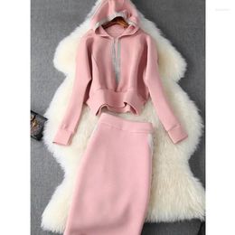 Work Dresses Autumn Winter Two Pieces Sets Womens Outfit Korean Casual Hooded Sweatshirts Tops Skirts Set Women Pink Tracksuits Clothing