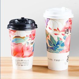 Disposable Cups Straws 50pcs Chinese Style Retro Coffee Cup Paper 16oz 500ml 22oz 700ml Bubble Tea Packaging Milk Drinking
