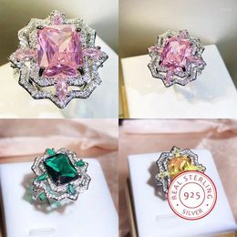 Cluster Rings Delicate Pink/green Square Diamond Ring Light Luxury High Quality Yellow Ladies Jewelry Fashion All-in-one 925 Silver