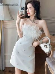 Casual Women Basic Dresses Summer Celebrity Cute Kawaii Strapless Elegant Diamonds White Dress Birthday Party Vestiods Girl Prom Club Gown Clothes 2024