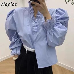 Women's Blouses Neploe Spring Vintage V-neck Ruffles Shirts Women Single Breasted White Y2k Long Sleeve Loose Lace Blusas Mujer