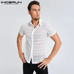Men's Casual Shirts INCERUN Tops 2024 American Style Sexy Lace Printing Party Shows Male Selling Short Sleeved Blouse S-5XL