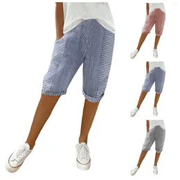 Women's Pants Women Fashion Striped Cropped Casual Straight Leg Half For Summer High Waist Pockets Short 2024 Trousers