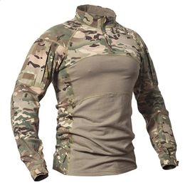 Mens Camouflage Tactical Combat Shirt Stretch Cotton 1/4 Zipper Military Uniform Shirts Long Sleeve Camo Soldiers Army T Shirt 240325