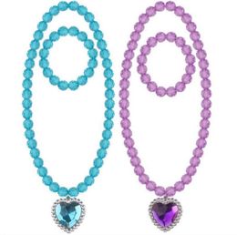 Beads Necklace and Bracelet Set for Kids Girls Jewellery with Crystal Heart Pendant Dress Up Pretend Play Party Favour Pink Blue Purp7576312