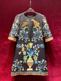 2024 Spring Black Floral Print Dress Short Sleeve Round Neck Sequins Knee-Length Casual Dresses X4M2612306