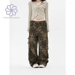 Women's Jeans Retro Multi Pocket Leopard Pattern Cargo Pants Women American Vintage High Street Denim Wide Leg Trouser