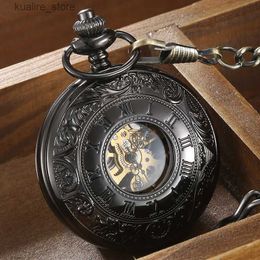 Pocket Watches Vintage Hollow Carving Analogue Steampunk Mechanical Half Hunter Roman Numerals Waist Chain Hand Winding Men Pocket es L240402