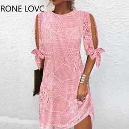 Casual Dresses Women Chic Short Sleeves Lace Up Hook Flower Hollow Mini A Line Summer Sexy Dress