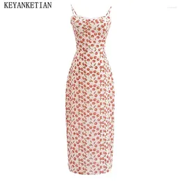 Casual Dresses KEYANKETIAN 2024 Launch Women's Lace Decoration Fruit Print Slip Dress Holiday Wind Sweet Slim-Fit Ankle-Length MIDI