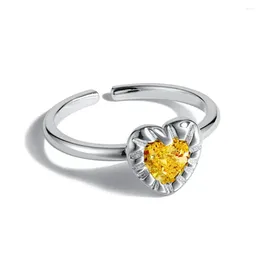 Cluster Rings S925 Silver Ring Female Minority Heart Shaped Orange Zircon Versatile Open Jewelry