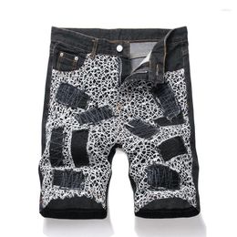 Men's Shorts Summer Loose Straight Leg Denim Fashion Spiderweb Patch 5 Quarter Pants Street Trend Clothing