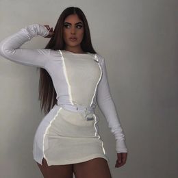 Casual Fashion Reflective Striped Two Piece Outfit Long Sleeve Top And Mini Skirt Sets White Matching Set 240401