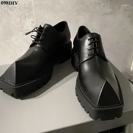 Casual Shoes Square Toe Black Leather Flats For Men Height Increased Loafers Thick Sole Platform Lace Up Rhino