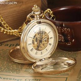 Pocket Watches Luxury Gold Steel Carving Mechanical Pocket 2 Sides Open Case Roman Number Dial Steampunk Analog Hand Winding Pocket L240402
