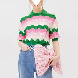 Women's T Shirts Cartoon Green Ripple Stripe Polo Short Sleeve Knitwear Women Tees 2024 Spring Summer Fashion T-Shirt Top Sweet