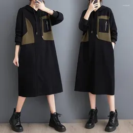 Casual Dresses Autumn Hooded Patchwork Dress For Women Loose Contrasting Colour Mid Length Fashion Female Office Ladies Clothing Pullover