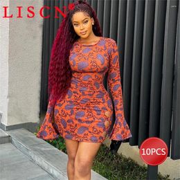 Casual Dresses 10 Bulk Items Wholesale Lots For Women Summer 2024 Long Flare Sleeve Printing Slim Mini Dress Sexy Y2k Clothing K12913