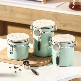 Storage Bottles Green Coffee Container Jar Airtight Stainless Steel Bean Canister Grains Candy With Spoon Kitchen