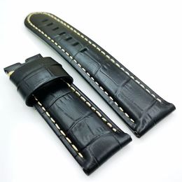 24mm / 22mm Luxury and High Quality Black Bamboo Leather Tang Buckle Strap Band for PAM PAM111 Watch