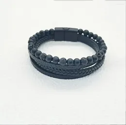 Strand 1PC Fashion Volcanic Stone Beaded Bracelet Mutilayer Braided Leather For Men Bangle Jewelry F1909