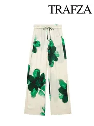 Women's Pants TRAFZA Women Spring Fashion Green Print Mid-Waist Elastic Waist Lace-Up Decoration Pockets Drawstring Female Wide Leg Pant