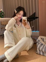 Home Clothing Korean Floral Print Autumn Pajamas Set Women Single Breasted Shirts Trousers Cotton Beige Sleepwear Suit Pockets Thick