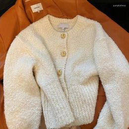 Women's Knits Autumn French Plush Gold Button White Knitted Cardigan Coat Sweater Loose Short Round Neck Outer Wearing