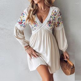 Casual Dresses Elegant V Neck Long Sleeve Loose Party Dress Lady Embroidery Patchwork Mini Fashion Temperament Holiday Beach