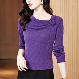 Women's T Shirts Sexy Clothing Solid Color Undercoat Ladies Fashion Bright Silk Pullovers Spring Autumn Tops Long Sleeve T-Shirts