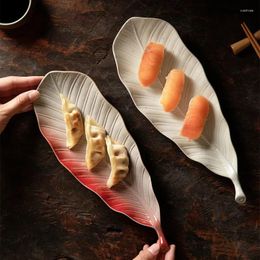 Plates Japanese Retro Kiln Leaves Sushi Plate Commercial Ceramic Snack Jiaozi Sashimi Long Saury Plate.