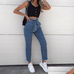 Women'S Jeans High Waisted Deckle Edge Waist Strap Pants Women Rise Clothes Valentine Gift Drop Delivery Apparel Clothing Dhbns