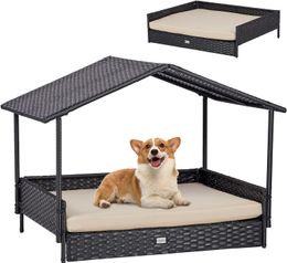 2-in-1 Wicker Dog House,Elevated Dog Bed for Indoor/Outdoor with Removable Canopy,Large Dog House with Raised Pet Cot Cool, Breathable Shade