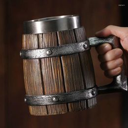 Mugs Imitation Wood Retro Beer Mug Resin Stainless Steel Barrel Coffee Cup Viking Style Double Wall Jug Personalized Gift 600ml