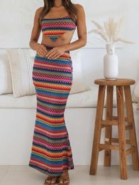 Women's T Shirts Women S 2 Piece Summer Outfits Sleeveless Colorful Stripe Cami Tops Long Bodycon Skirt Set