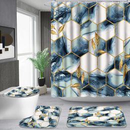 Shower Curtains Marble Geometric Hexagonal Curtain Carpet Toilet Mat Bathroom Decor Waterproof Fabric Set