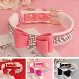 Dog Collars Warm Fur Bow Collar Suede Leather Puppy Dogs Rhinestone Bowtie Pet Necklace For Small Medium Cats Chihuahua