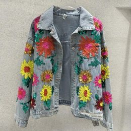 Women's Jackets Denim Jacketspring Autumn High-Quality Embroidered Colourful Sequin Flower Loose Coat