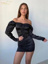 Casual Dresses Clacive Bodycon Black Satin Women'S Dress 2024 Fashion Slash Neck Long Sleeve Mini Sexy Off Shoulder Ruched Party