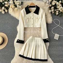 Dress Two Piece Tweed Ensemble Femme Vintage Collision Colour Crop Blazer Skirts Suit Female Long Sleeved Jacket Pleated Skirt Conjuntos De Mujer 2024