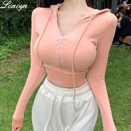 Women's Vests Lenoyn Autumn Solid Color Sexy Short Hooded Zipper Sweater Coat Slim Cardigan Casual Top