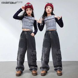 Trousers Hip Hop Girls Off Shoulder Crop Top Street Dance Loose Cargo Jeans Child Streetwear Denim Pants Clothes Sets Kids Jazz Costumes L46