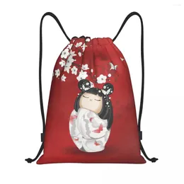 Storage Bags Kawaii Kokeshi Doll Cherry Blossoms Drawstring Backpack Sports Gym Bag For Men Women Japanese Geisha Girl Art Shopping Sackpack