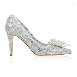 Dress Shoes Women Pumps Party High Heels Crystal Sheepskin Pointed 7.5CM Thin Rhinestone Wedding Sliver White Ladies