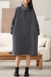 Casual Dresses Personalized Winter Cotton Jacket Dress Medium Length High Neck Large Size Vintage Warm Quilted Sweatshirt For Women Z4180