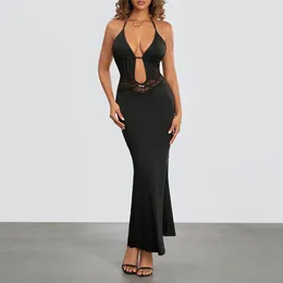 Casual Dresses Fashion Women Black Long Cocktail Party Dress Sexy Backless Sleeveless Deep V Halter Neck Lace Floral Spliced